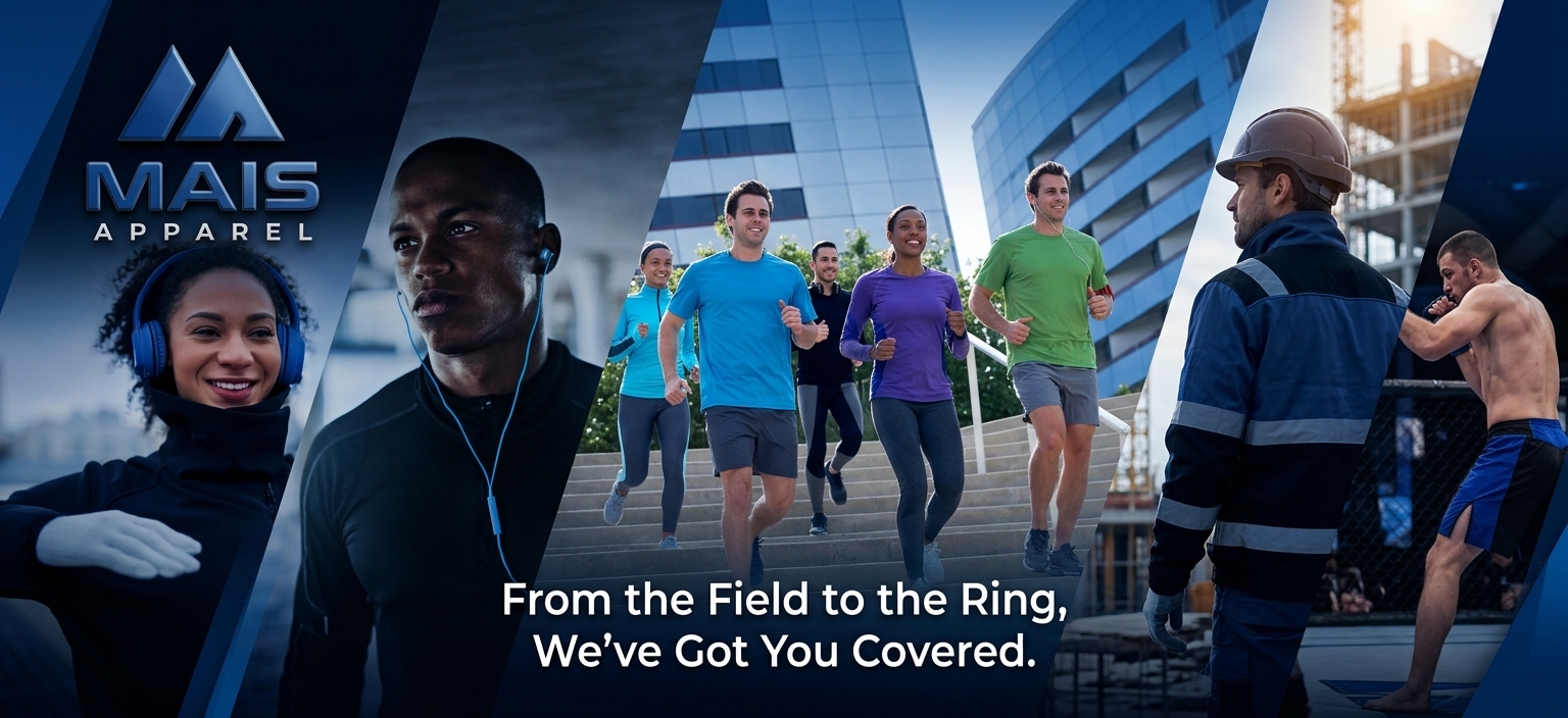 From the Field to the Ring, we've got you covered. Footballers, joggers, a cyclist, a construction worker and an MMA fighter wearing MAIS Apparel.