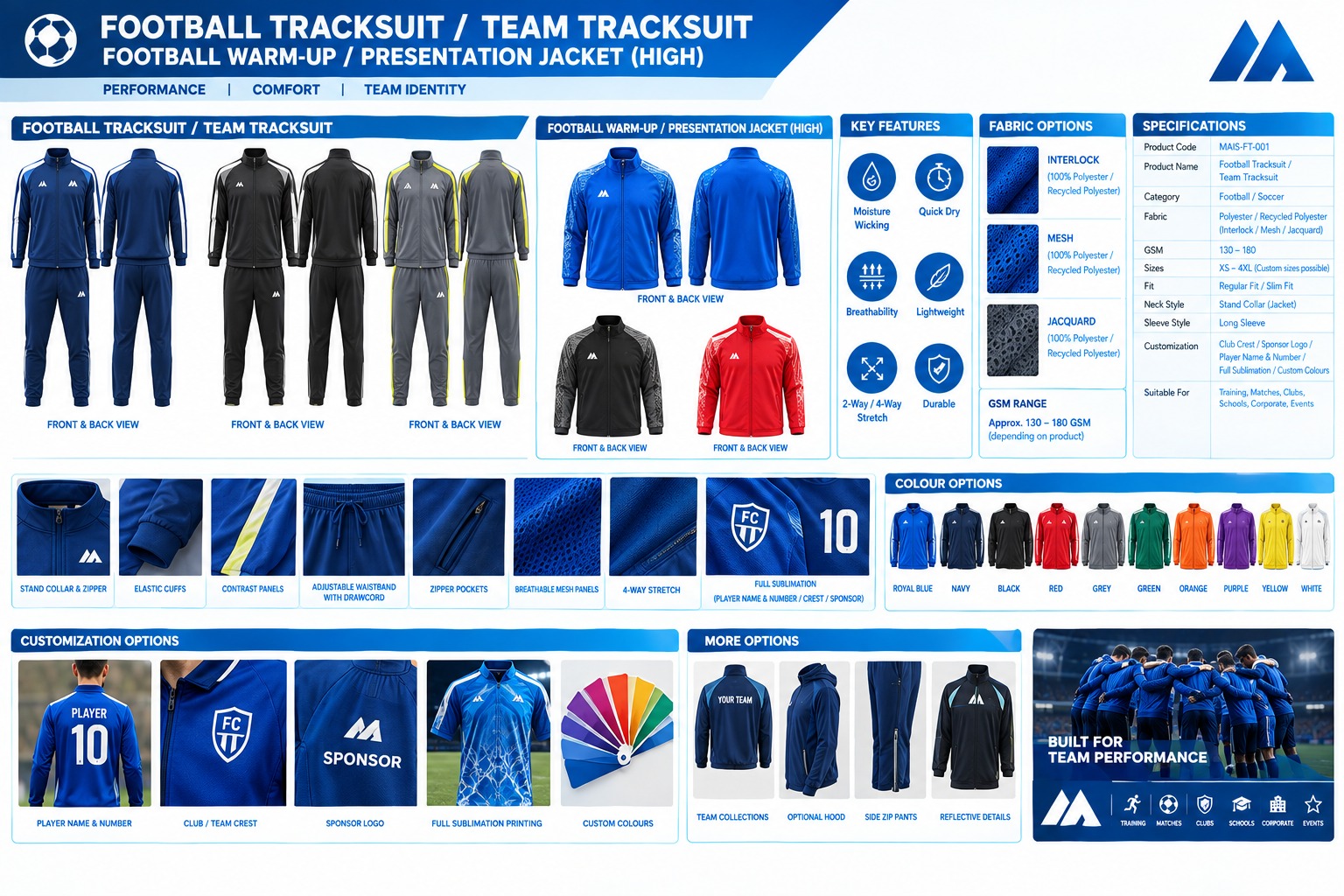 MAIS Apparel football and team tracksuit product sheet with warm-up jackets, colors and customization options